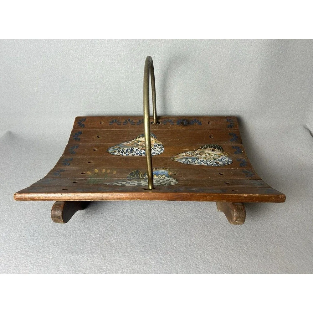 VTG Handmade Hand Painted Mallard Duck Magazine Fireplace Basket Metal Handle